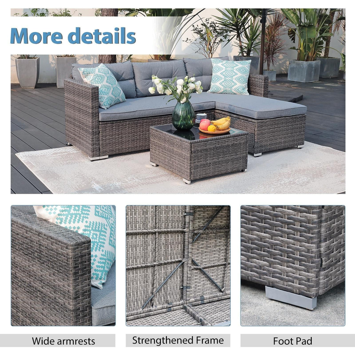 JOIVI 3 Pieces Patio Conversation Set, PE Wicker Rattan Outdoor Furniture Set, 2 Ways Small Sectional Sofa, Tempered Glass Coffee Table, Silver-Gray - image 11