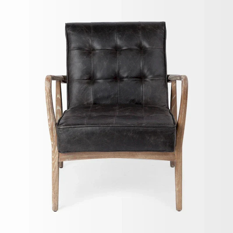 Phineas Black Genuine Leather Accent Chair with Brown Solid Wood Frame - image 4