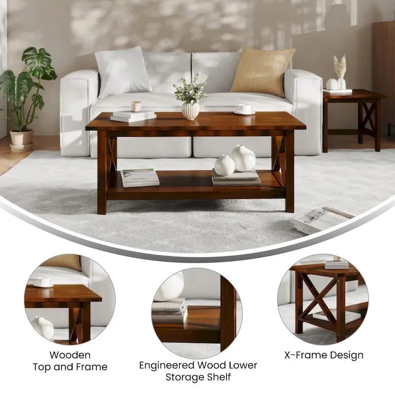 Farmhouse Coffee Table with Shelf and X-Frame Design - image 18
