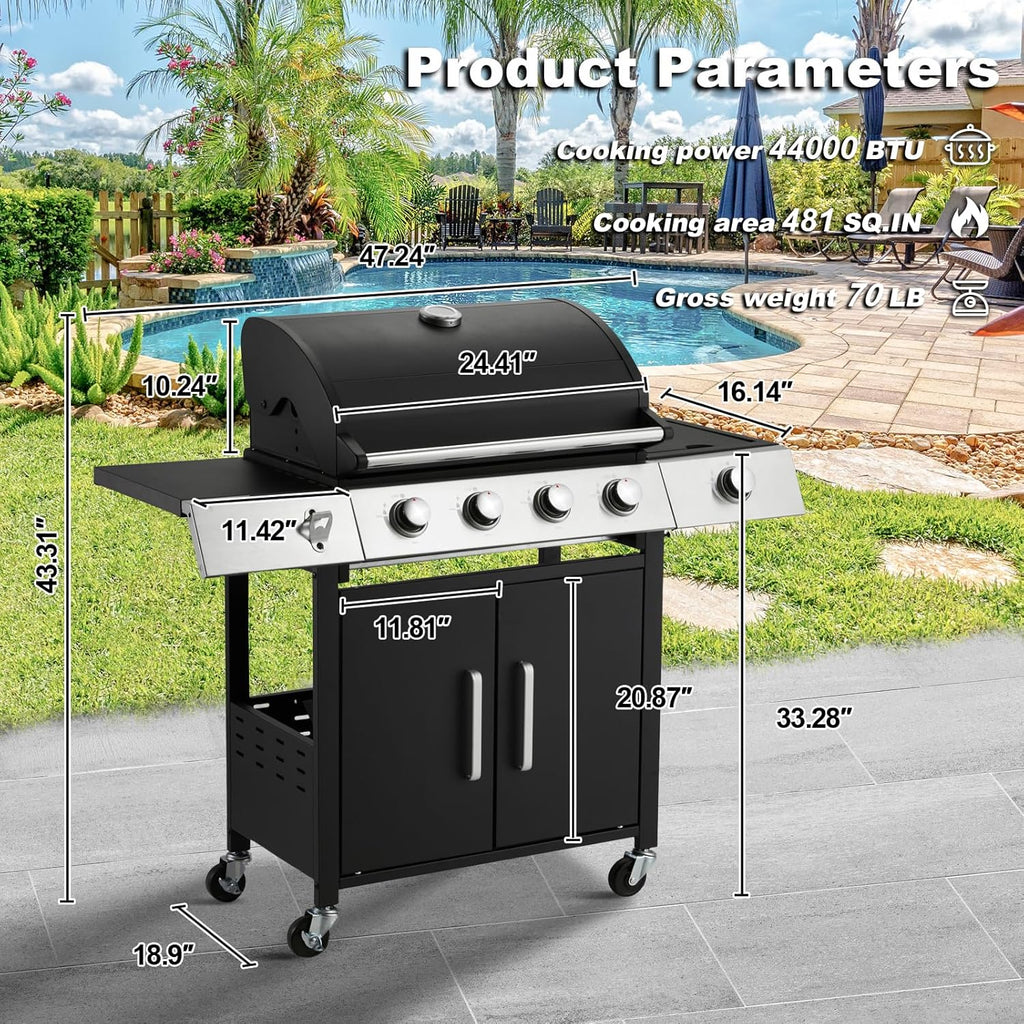 Upgraded 4 Burner BBQ Propane Gas Grill with Cast Iron Grates & Side Stove, 44,000 BTU Stainless Steel Burner Barbecue Grill for Patio, Camping, Outdoor Cooking. - image 52