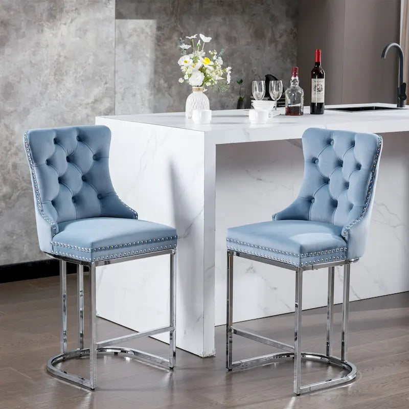Contemporary Set of 2 Bar Stools with Button-Tufted Back and Studded Trim, Chrome Metal Base - Ideal for Dining Room, Living Room, and Bedroom - image 4