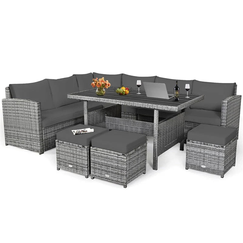 7 Pcs Rattan Patio Dining Furniture Sectional Sofa Set with Dining Table, Ottomans & Cushions - image 46