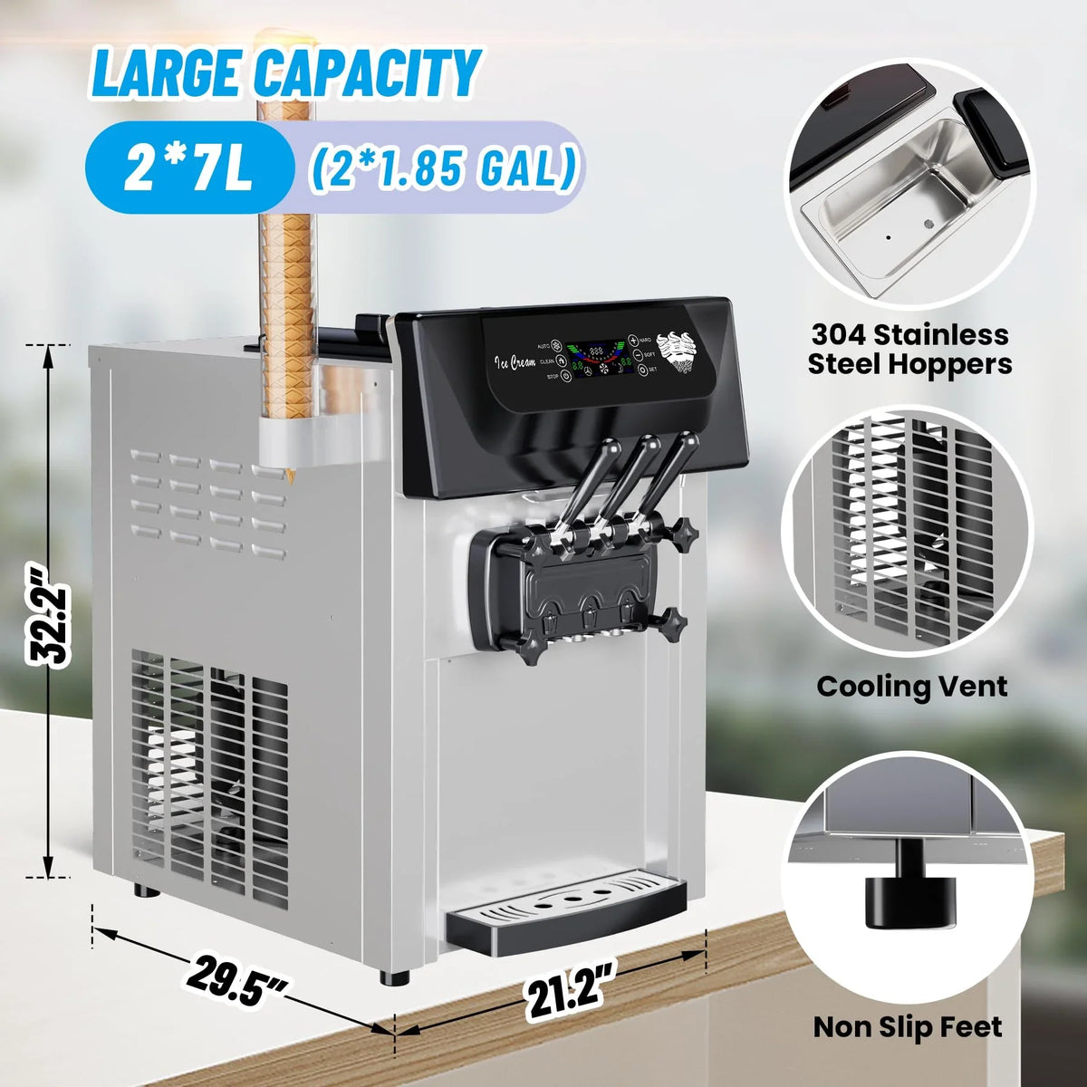 Garvee 2200W Commercial Ice Cream Machine, 3 Flavor Soft Serve Ice Cream Machine, 5.3-7.4 Gal/Hr, with LCD Touch Screen, Automatic Cleaning, High Productivity for Home Snack Bar & Restaurants - image 6