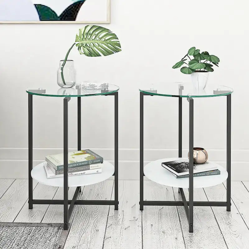 Black 2-Piece Tempered Glass End Table Set - Round Coffee Table for Bedroom, Living Room, and Office - image 8