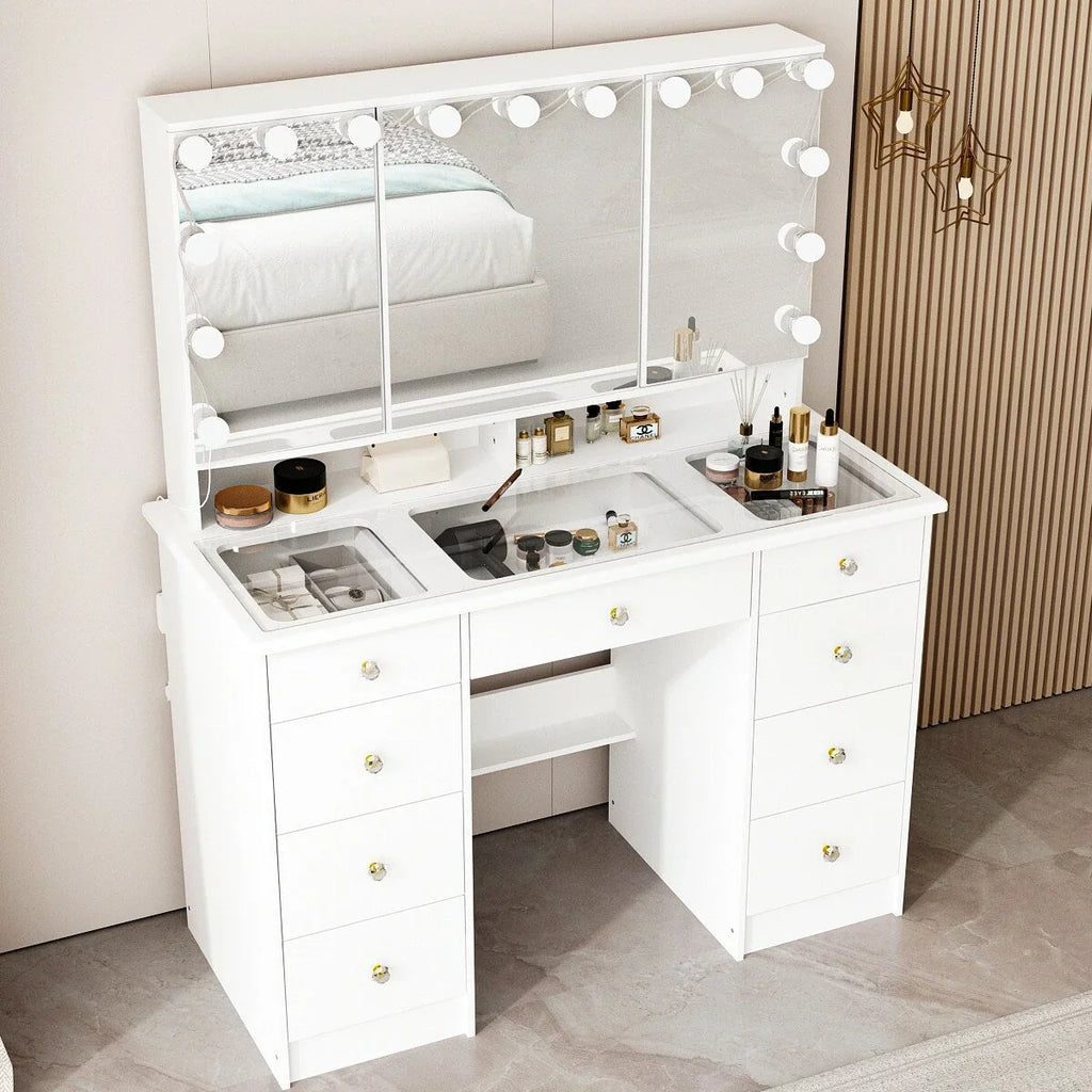 Makeup Vanity w/Tri-Fold Mirror Certified Lighting Glass Top Dresser - image 3