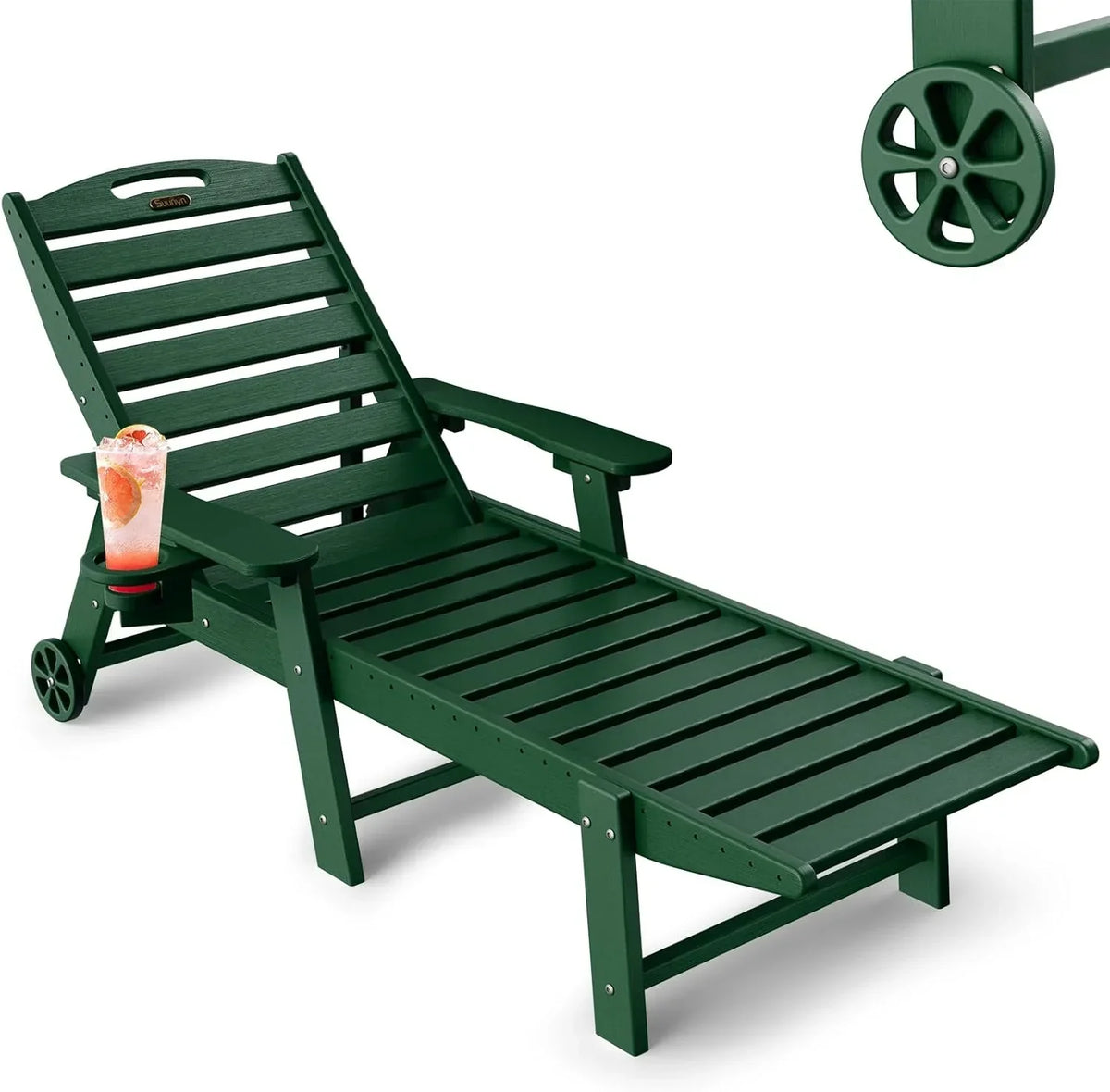 Lounge Chair Outdoor, Chaise Lounge, HDPE 6-Position Outdoor Chaise Lounge, Patio Lounge Chair with Wheels & Cup Holder for Pool Poolside Deck Backyard, Teak - image 6