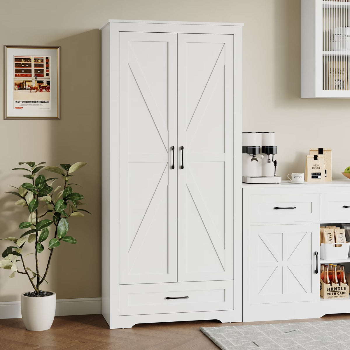 YouTrend 69" Tall Kitchen Pantry,Farmhouse Storage Cabinet with 2 Barn Doors 4 Adjustable Shelves and Large Drawer for Dining Room,Living Room,Bathroom,White - image 1