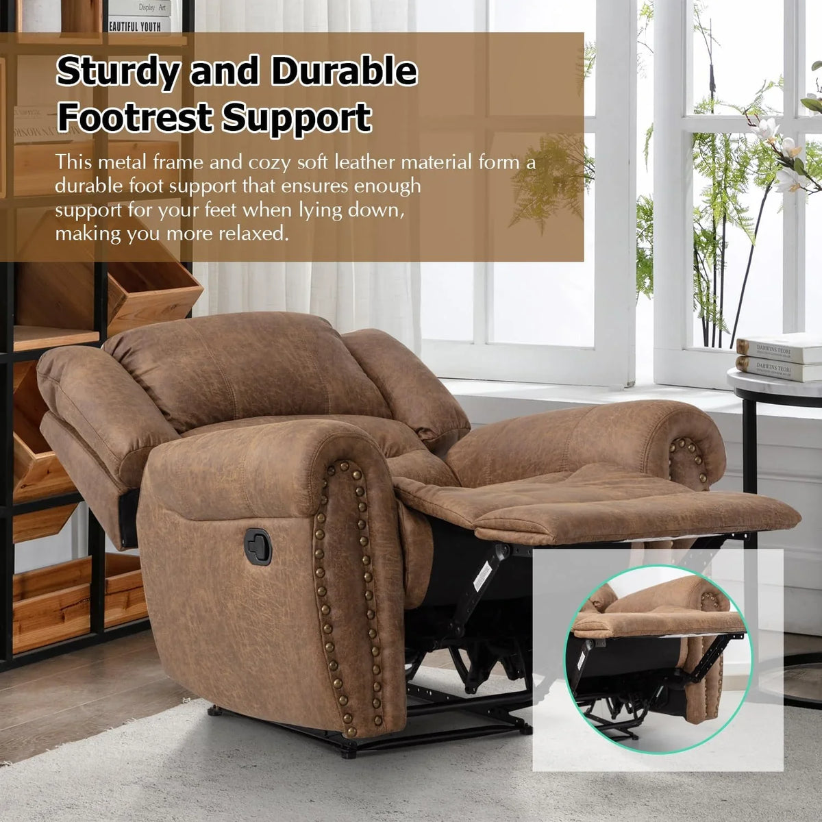 CANMOV Leather Recliner Chair, Classic and Traditional Manual Recliner Chair with Comfortable Arms and Back Single Sofa for Living Room, Nut Brown - image 56