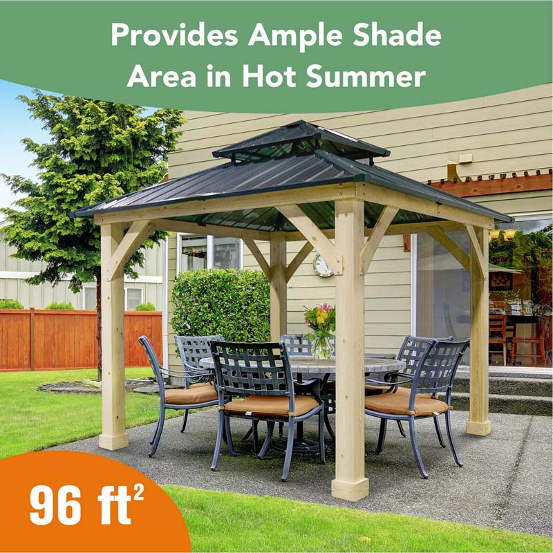 10 x 10 FT Outdoor Patio Hardtop Gazebo with Wood Frame & 2-Tier Metal Roof, All-Weather Gazebo Pergolas Shelter - image 11