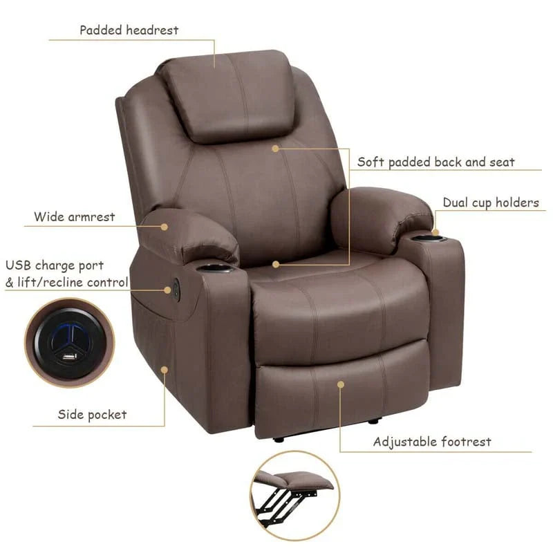 Electric Power Lift Recliner, Leather Massage Reclining Sofa, Elderly Lift Chair with Lumbar Heating & 8 Vibrating Nodes, Cup Holder, USB Port - image 11