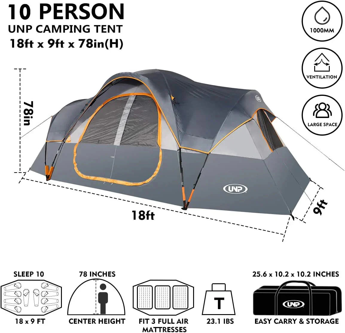 UNP Camping Tent 10-Person-Family Tents, Parties, Music Festival Tent, Big, Easy Up, 5 Large Mesh Windows, Double Layer, 2 Room, Waterproof, Weather Resistant, 18ft x 9ft x78in - image 38