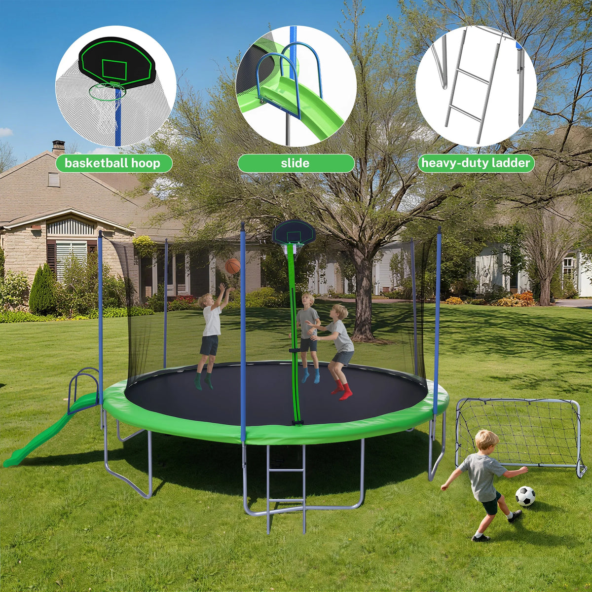 12FT Trampoline with Slide, Swings, SEGMART Recreational Trampoline with Basketball Hoop and Ladder, Heavy Duty Outdoor Backyard Trampoline with Net for Kids and Adults, Green - image 18