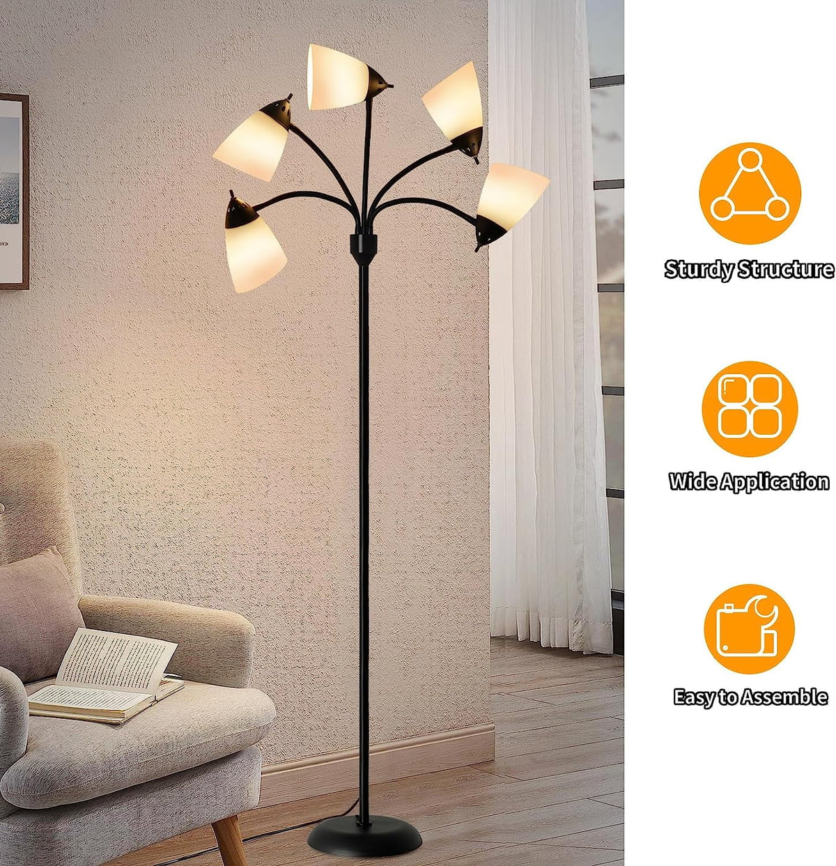 DINGLILIGHTING Floor Lamp Tall for Room: Flexible Gooseneck Floor Lamps Standing for Bedroom Home Office - Modern Floor Lights 5 - Light - image 7
