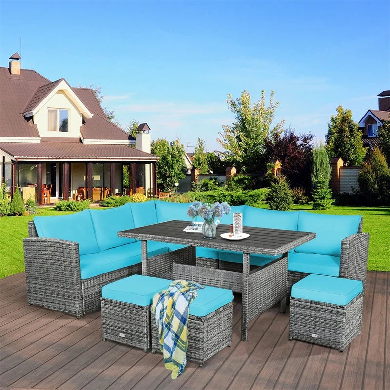 7 Pcs Rattan Patio Dining Furniture Sectional Sofa Set with Dining Table, Ottomans & Cushions - image 37