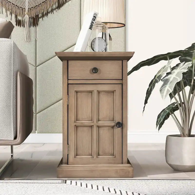 Retro-Inspired Living Room Side Table with USB Ports, Multifunctional Drawer, and Cup Holders - image 3