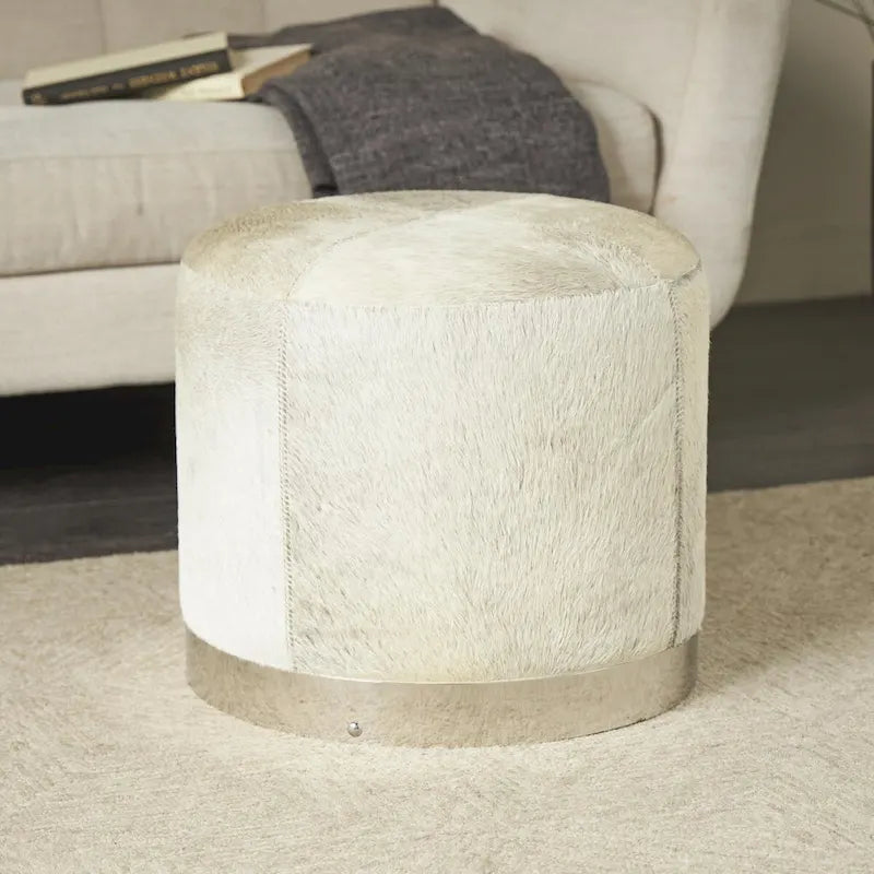 Gray Leather Patchwork Living Room Stool with Silver Metal Base - Roche River Decor - image 3