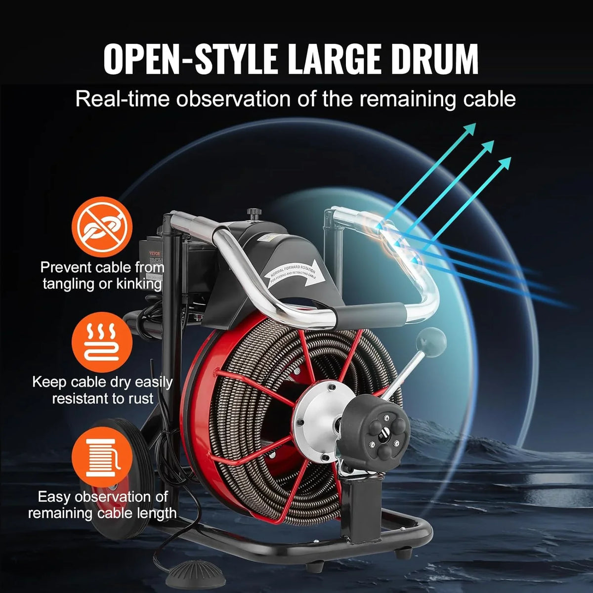 Drain Cleaner Machine 100FT x 1/2 Inch, Auto Feed Sewer Snake Auger on Wheels, 550W Portable Drain Cleaning Machine with 8 Cutters & Air-activated Foot for 2" to 4" Pipes - image 15