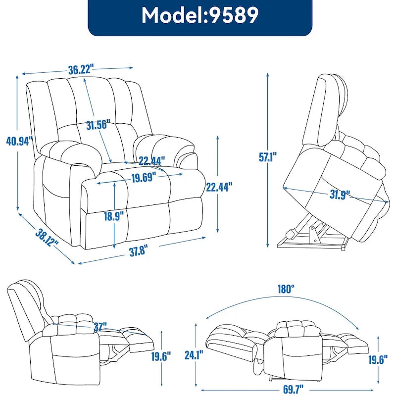 Grey Oversized Chenille Power Lift Recliner with Massage, Heating, and Flat Lay Feature - image 16