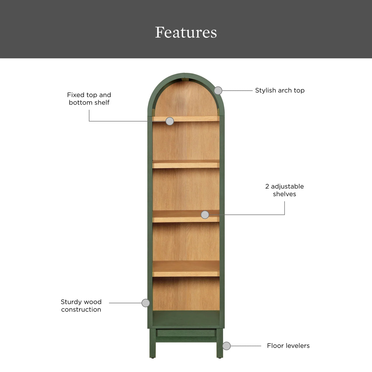 Better Homes & Gardens Juliet Narrow Arch Bookcase, Deep Green and Light Honey - image 4