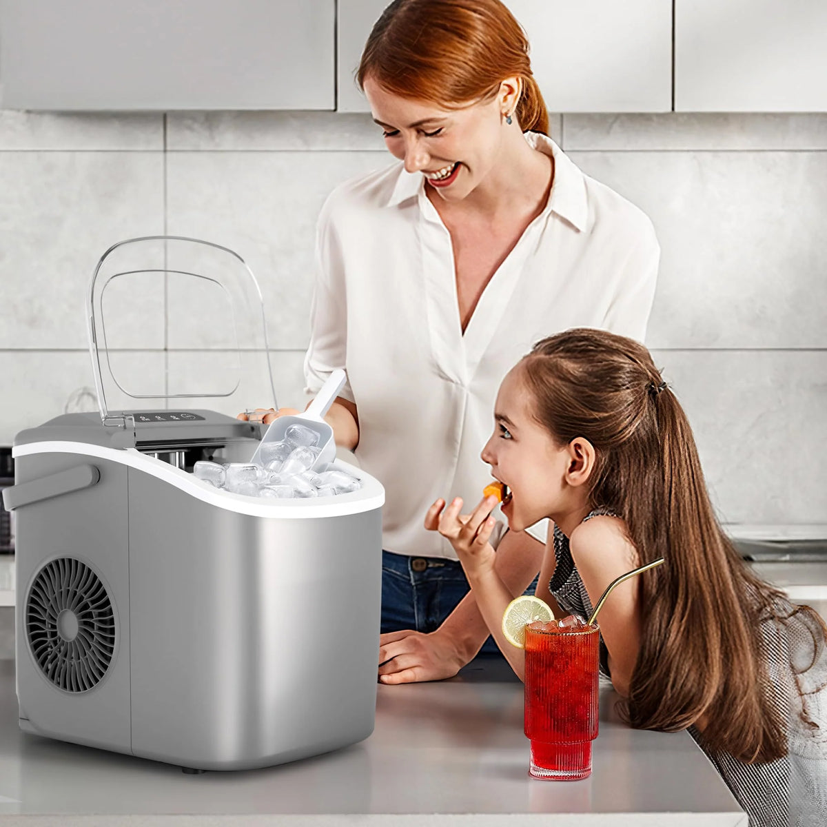 Crzoe Countertop Ice Maker Machine with Handle, 9 Bullet-Shaped Ice Cubes Ready in 6 Mins, 26Lbs/24H, Self-Cleaning Function with Ice Scoop and Basket for Home/Kitchen/Party (Grey) - image 7