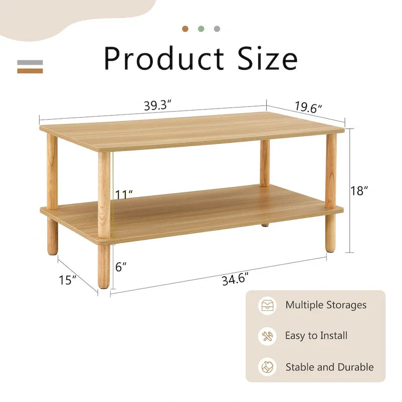 39-Inch Coffee Table with Two-Tier Design and Rubberwood Legs - image 7