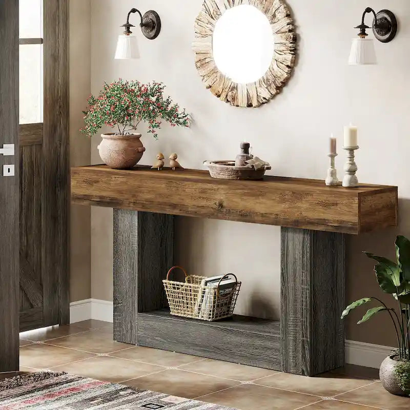 63-Inch Brown and Gray Slim Wooden Console Table for Entryway - image 1