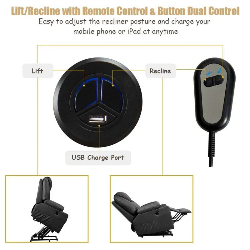 Electric Power Lift Recliner, Leather Massage Reclining Sofa, Elderly Lift Chair with Lumbar Heating & 8 Vibrating Nodes, Cup Holder, USB Port - image 23