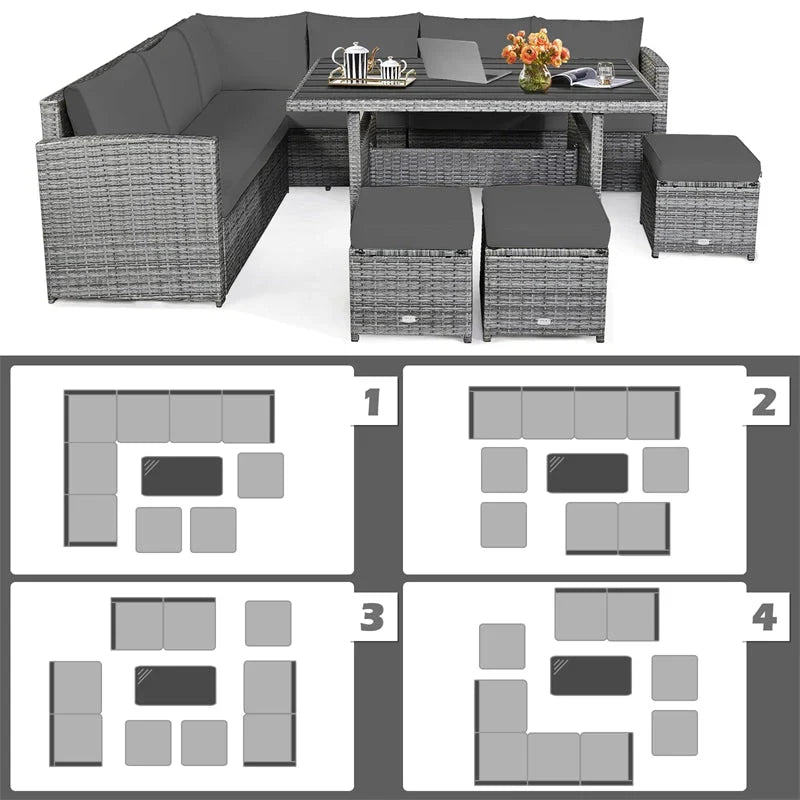 7 Pcs Rattan Patio Dining Furniture Sectional Sofa Set with Dining Table, Ottomans & Cushions - image 56