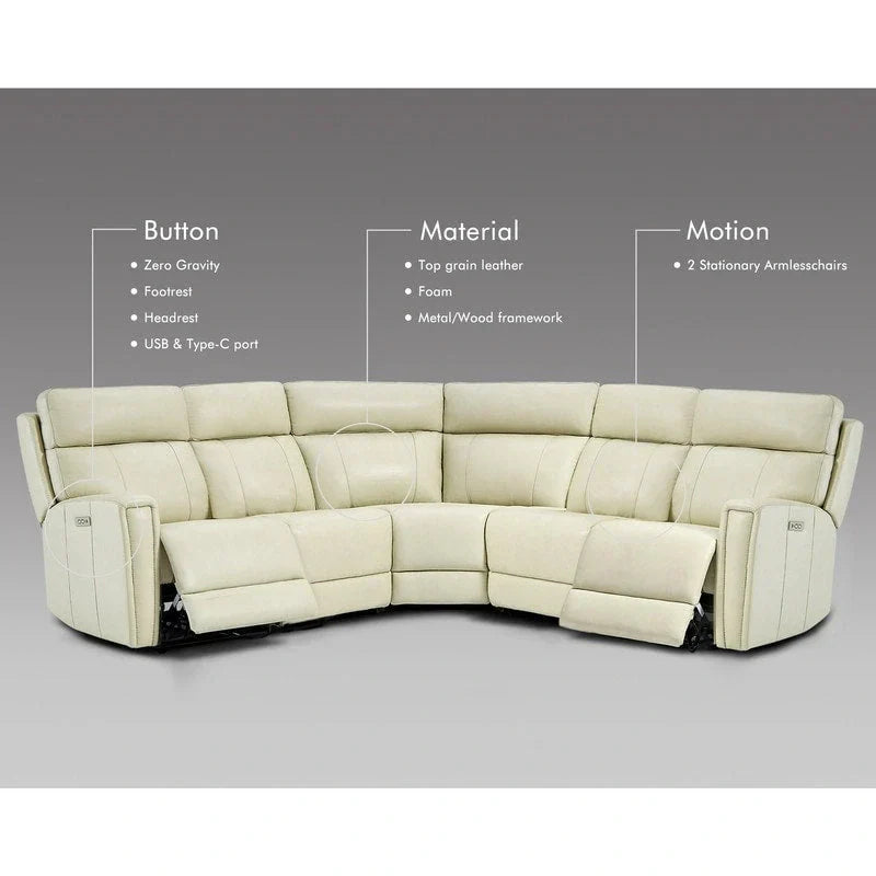 104" 3-Color Genuine Leather Power Reclining Sectional Sofa with Zero Gravity Feature, USB & USB-C Ports, and 2 Stationary Armless Chairs - image 3
