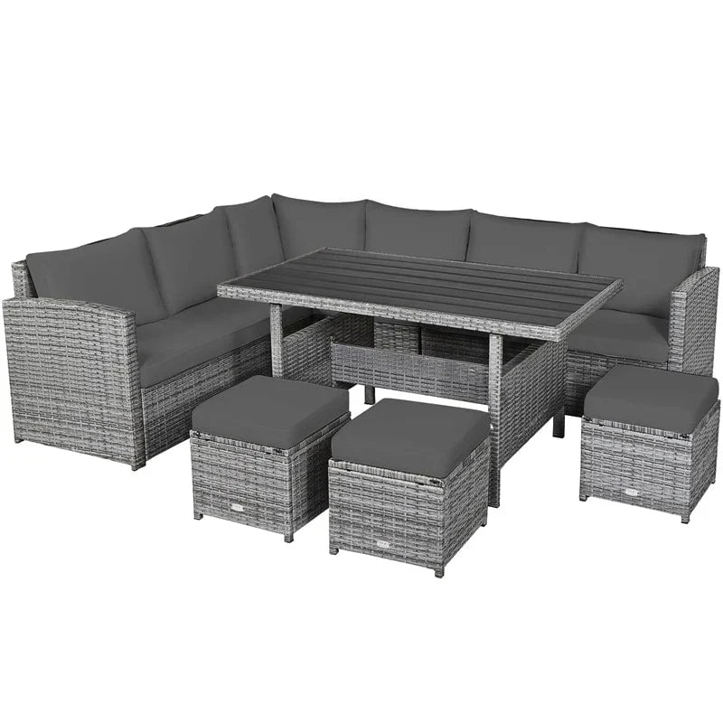 7 Pcs Rattan Patio Dining Furniture Sectional Sofa Set with Dining Table, Ottomans & Cushions - image 47