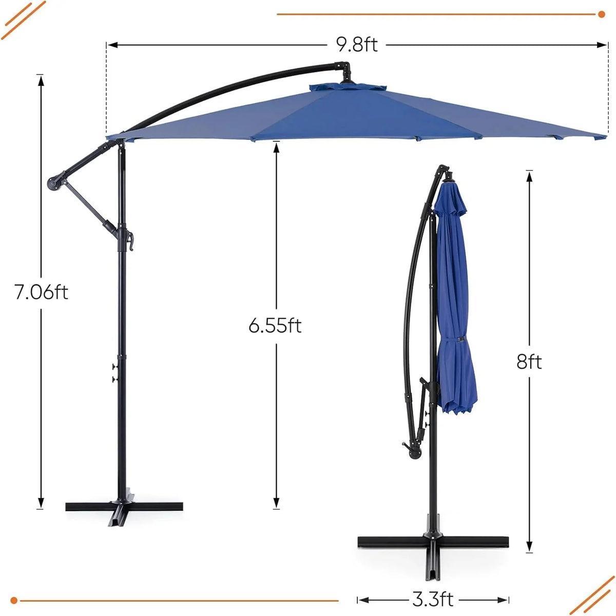 9.8FT Offset Patio Umbrella Hanging Cantilever Umbrella Outdoor Sun Shade with Easy Tilt Adjustment, 8 Ribs, UV Protection for Backyard, Lawn, Garden and Pool, Blue - image 25