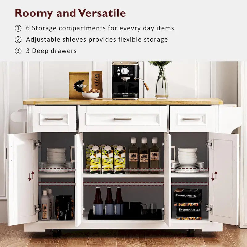 Large Kitchen Island with Wood Drop Leaf, Embossed Texture Rolling Kitchen Cart wDoors and Drawers wStorage for Kitchen, White - image 10