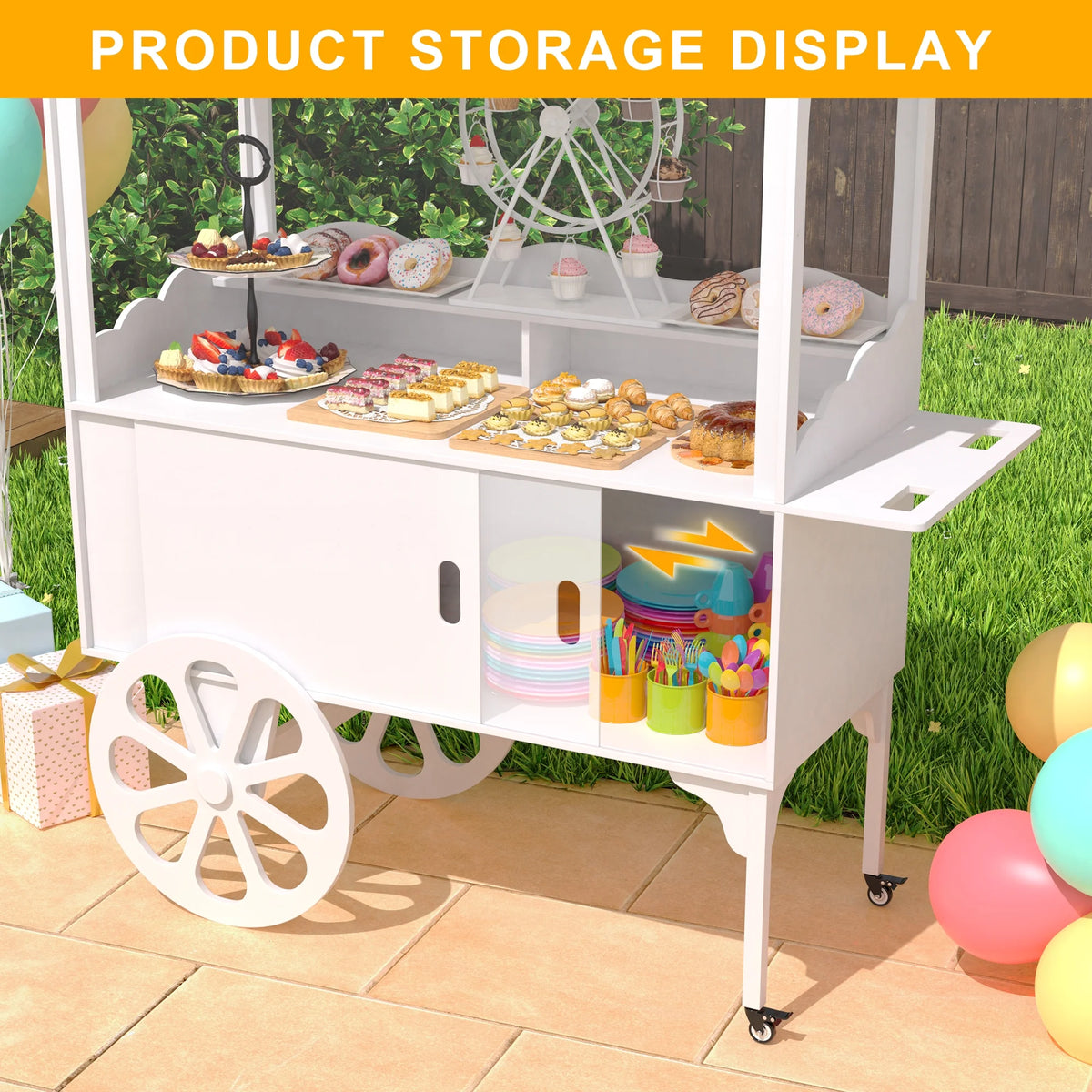 Candy Cart with Wheels for Party，Wood Dessert Cart with Storage Cabinet - image 5