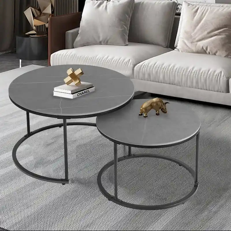 Round Sintered Stone Top Nesting Coffee Table with Black Metal Frame - 31.5 x 17.7 Inches - image 2
