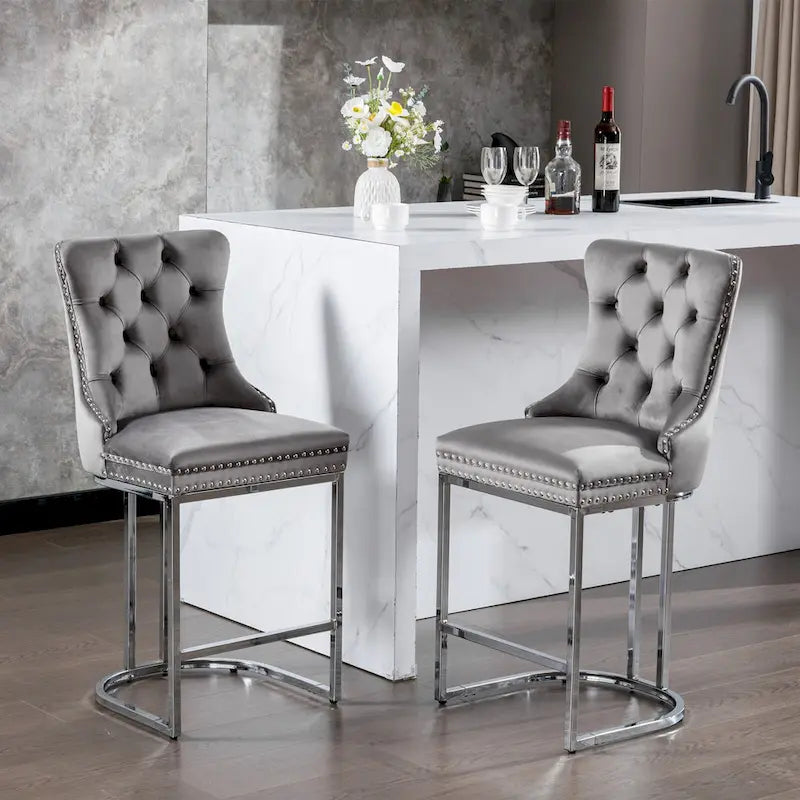 Contemporary Set of 2 Bar Stools with Button-Tufted Back and Studded Trim, Chrome Metal Base - Ideal for Dining Room, Living Room, and Bedroom - image 23