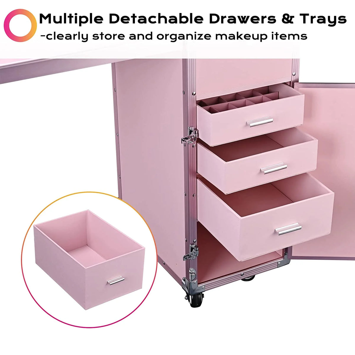 BYOOTIQUE Nail Desk Mobile Station Rolling Makeup Train Case Trolley Cosmetic Manicure Table Mirror 4 Drawers Pink - image 4