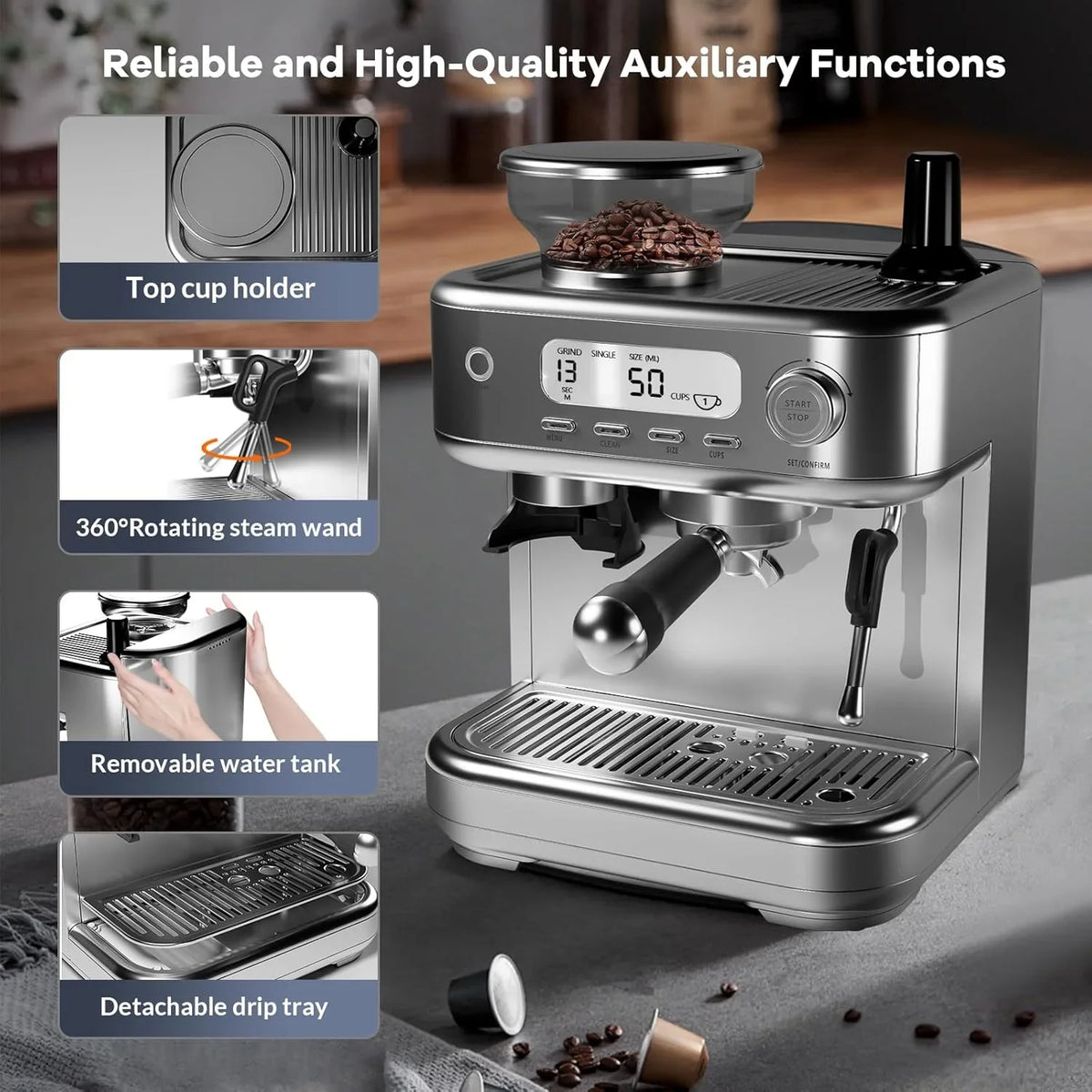 Espresso Machine with Grinder, Professional Coffee and Espresso Maker Combo, Stainless Steel Cafe Espresso Machine with Steam Wand Barista Kit for Cappuccino Latte - image 4
