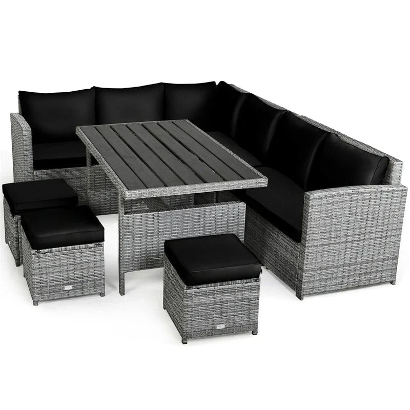 7 Pcs Rattan Patio Dining Furniture Sectional Sofa Set with Dining Table, Ottomans & Cushions - image 58