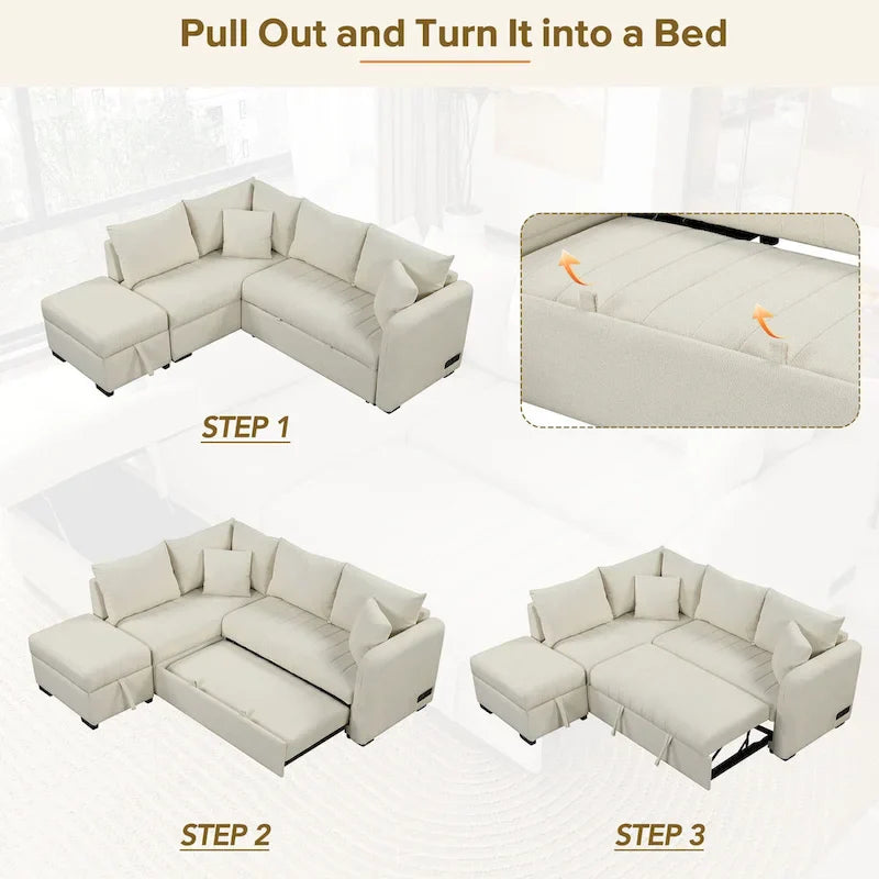 82.6" L-Shaped Sectional Sofa Bed with Pull-Out Feature, USB Ports, Power Sockets, and Movable Storage Ottoman - Bei - image 3