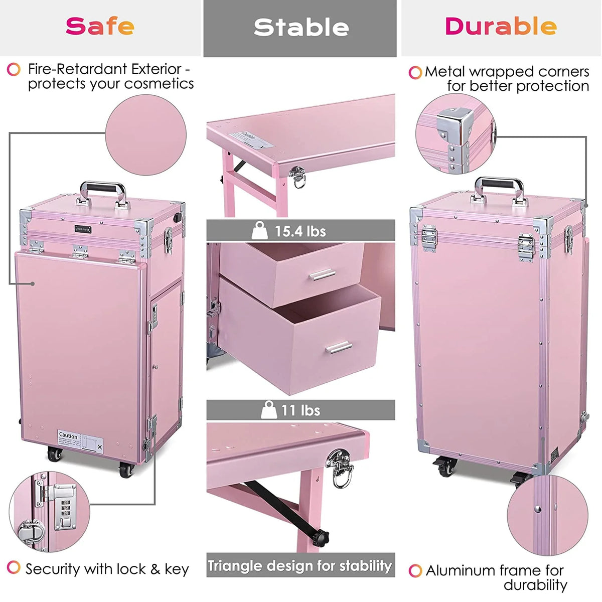 BYOOTIQUE Nail Desk Mobile Station Rolling Makeup Train Case Trolley Cosmetic Manicure Table Mirror 4 Drawers Pink - image 5