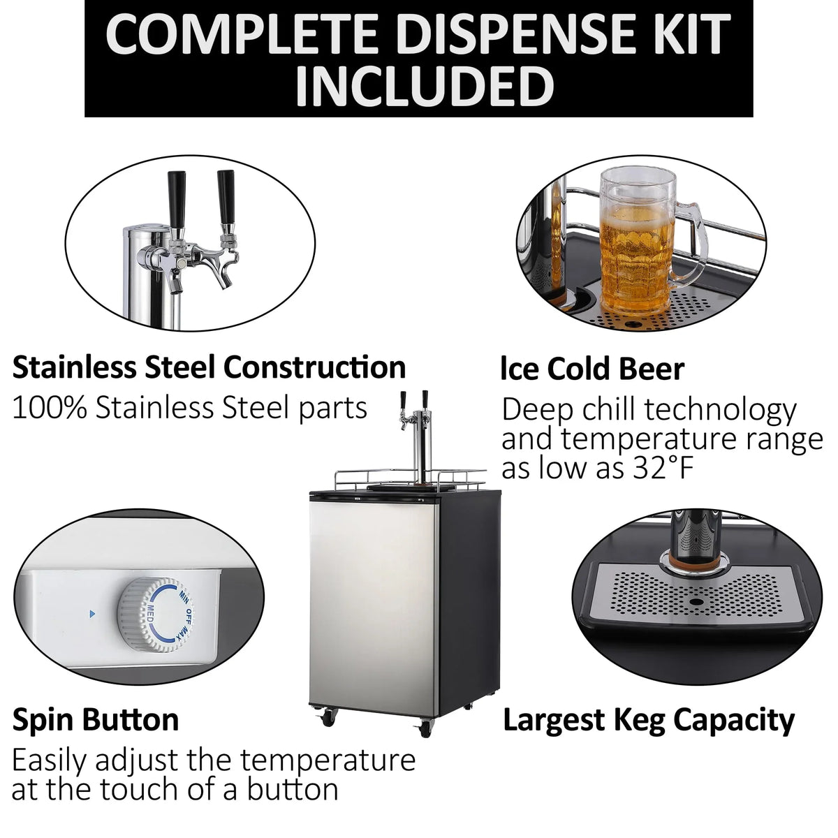170L Dual-Tap Stainless Steel Kegerator with Drip Tray - image 4