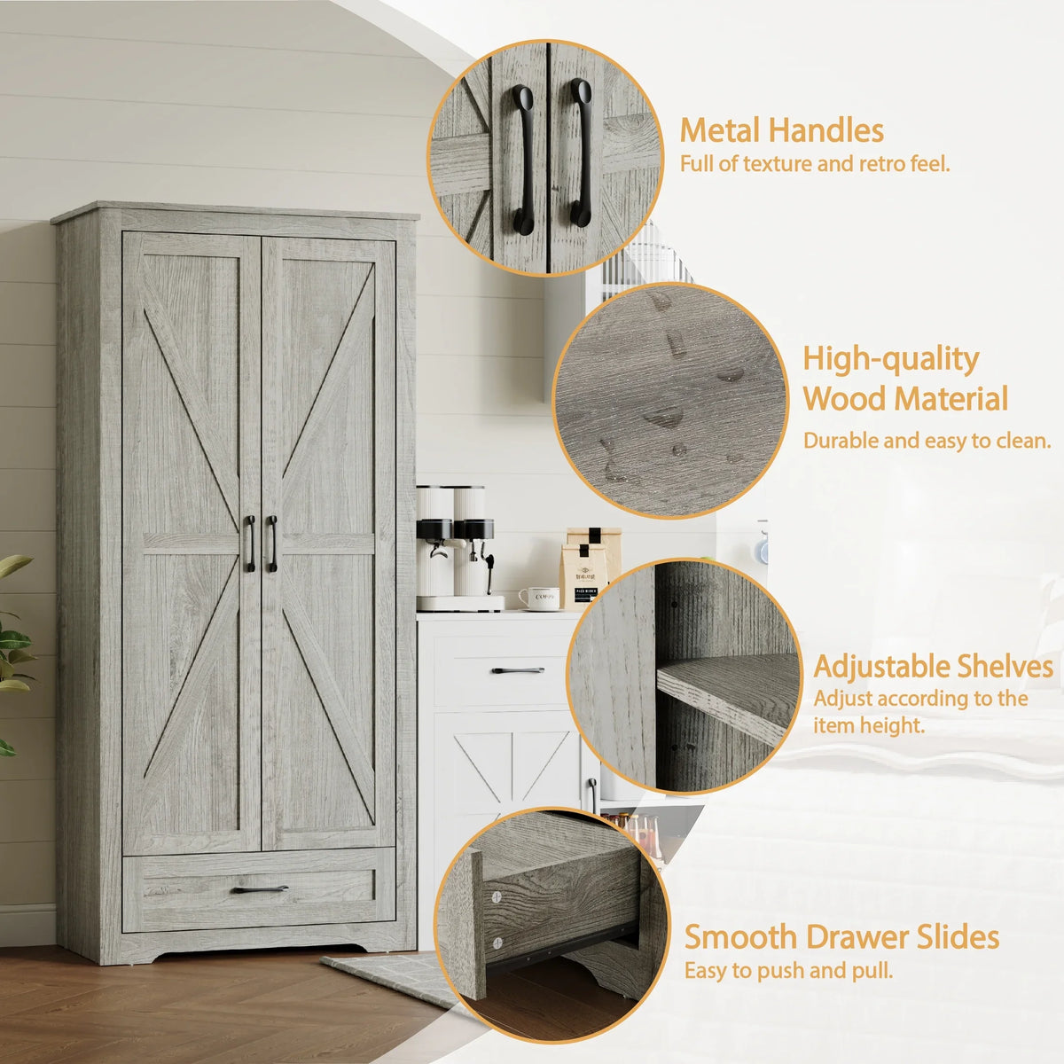 YouTrend 69" Tall Kitchen Pantry,Farmhouse Storage Cabinet with 2 Barn Doors 4 Adjustable Shelves and Large Drawer for Dining Room,Living Room,Bathroom,White - image 14
