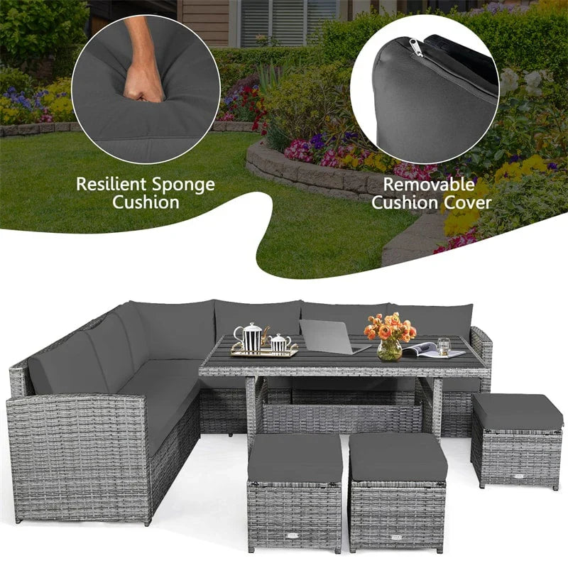 7 Pcs Rattan Patio Dining Furniture Sectional Sofa Set with Dining Table, Ottomans & Cushions - image 53