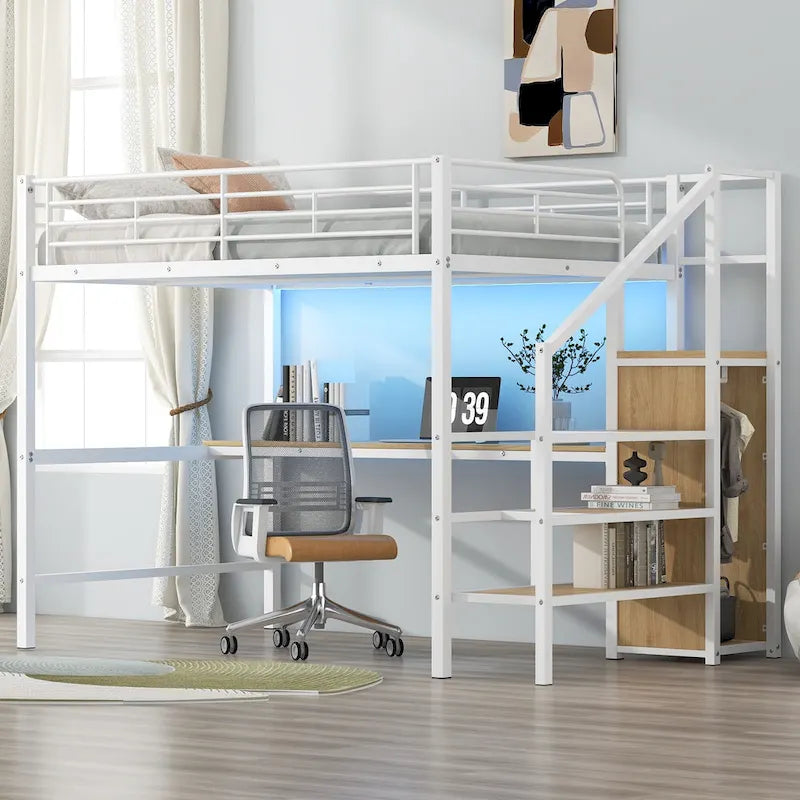 Complete Loft Bed Set with Desk, Storage Staircase, Compact Wardrobe, and LED Lighting - image 17