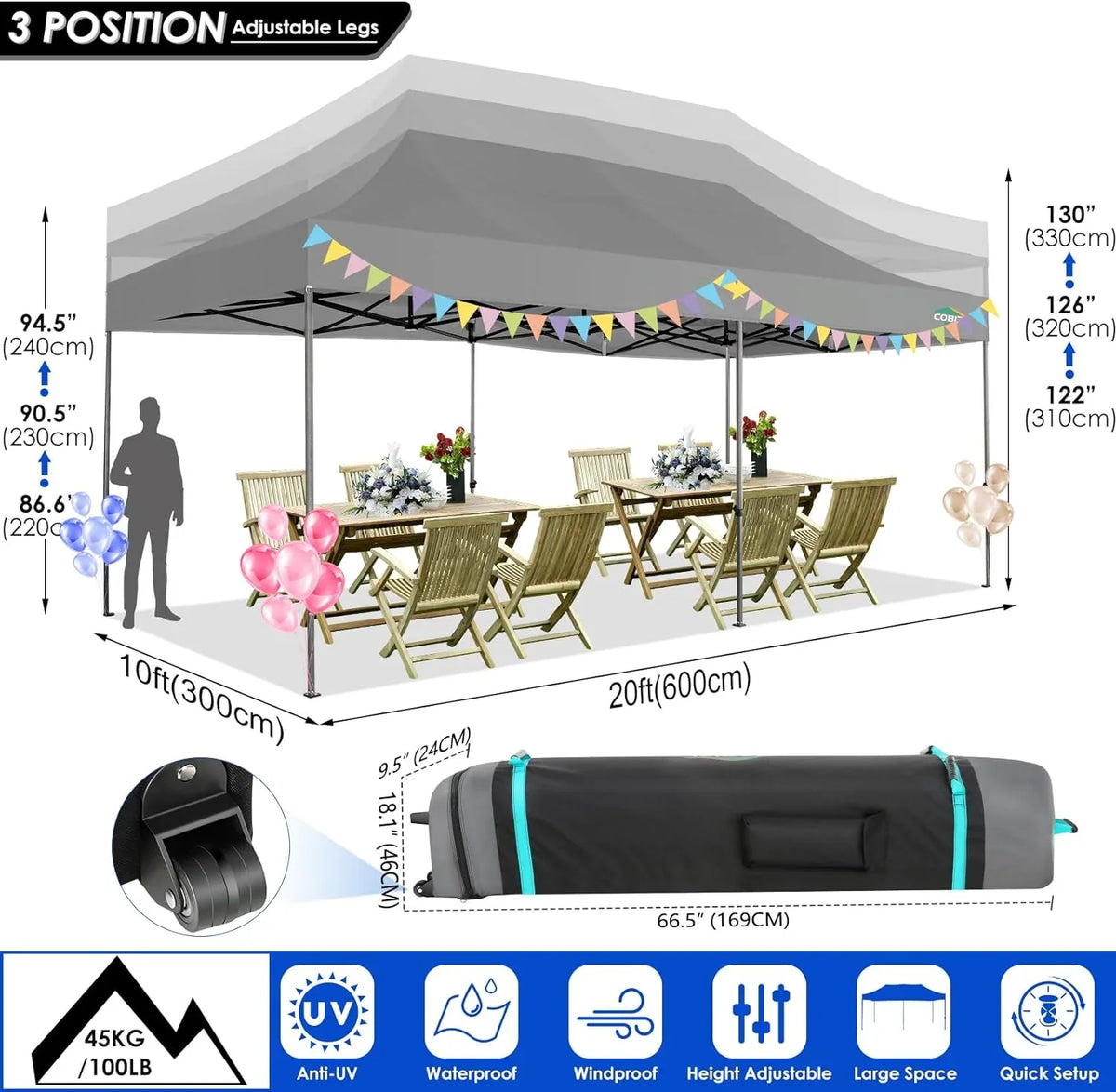 COBIZI 10x20 Heavy Duty Pop up Canopy Tent with 6 sidewalls Easy Up Commercial Outdoor Canopy Wedding Party Tents for Parties All Season Wind & Waterproof Gazebo with Roller Bag,Black(Frame Thickened) - image 195
