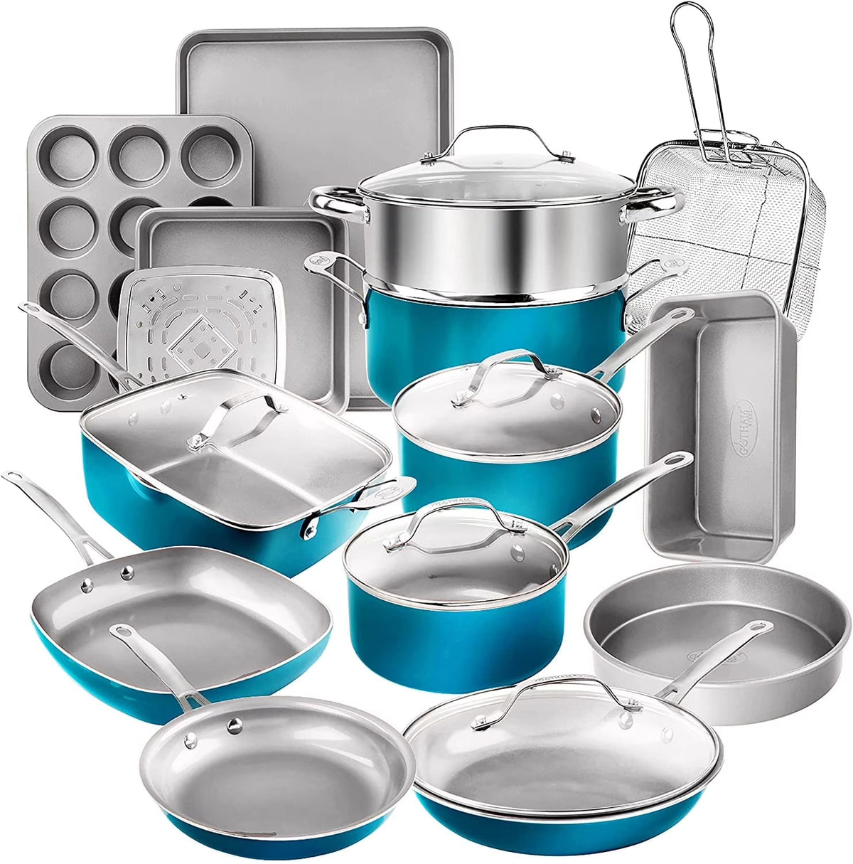 Gotham Steel Nonstick Pots and Pans 20 Piece Kitchen Ceramic Cookware Set Bakeware Cooking Frying Skillet Sauce Pan Aqua Blue - image 1