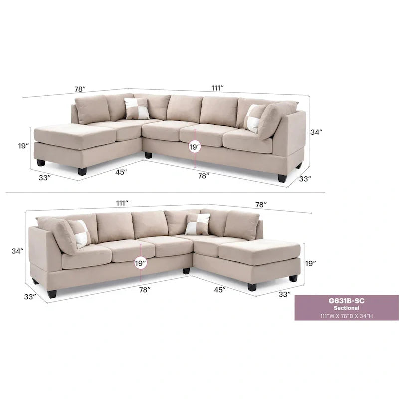 Malone 111-Inch Suede 4-Seater Sectional Sofa with Two Throw Pillows - Dimensions: 111L x 78W x 34H - image 18