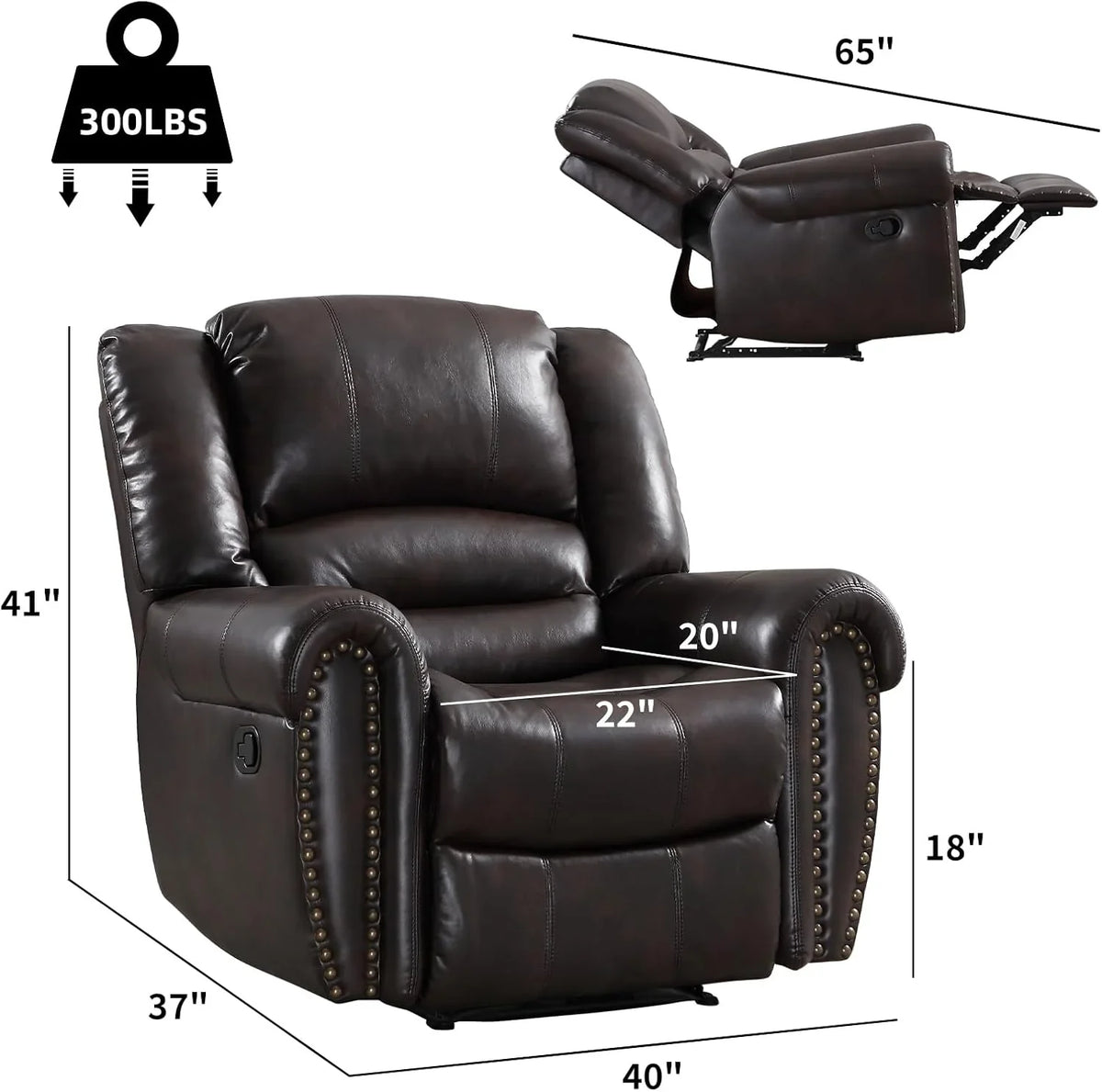 CANMOV Leather Recliner Chair, Classic and Traditional Manual Recliner Chair with Comfortable Arms and Back Single Sofa for Living Room, Nut Brown - image 20