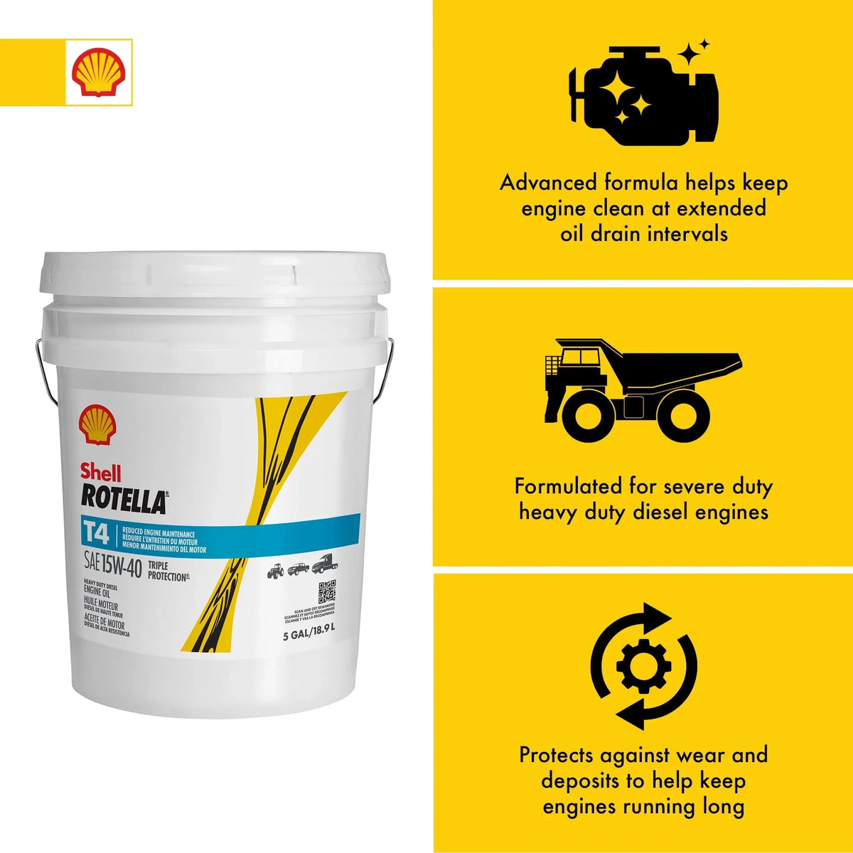 Shell Rotella T4 Triple Protection 15W - 40 Diesel Motor Oil, 5 Gallon Pail - image 2