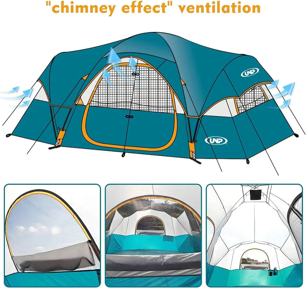 UNP Camping Tent 10-Person-Family Tents, Parties, Music Festival Tent, Big, Easy Up, 5 Large Mesh Windows, Double Layer, 2 Room, Waterproof, Weather Resistant, 18ft x 9ft x78in - image 16